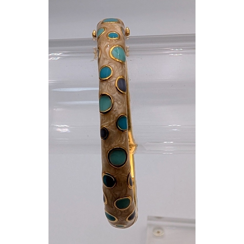 Gold Tone Enamel Polka Dot Hinged Bangle Bracelet Crystal Accents Cream Blue